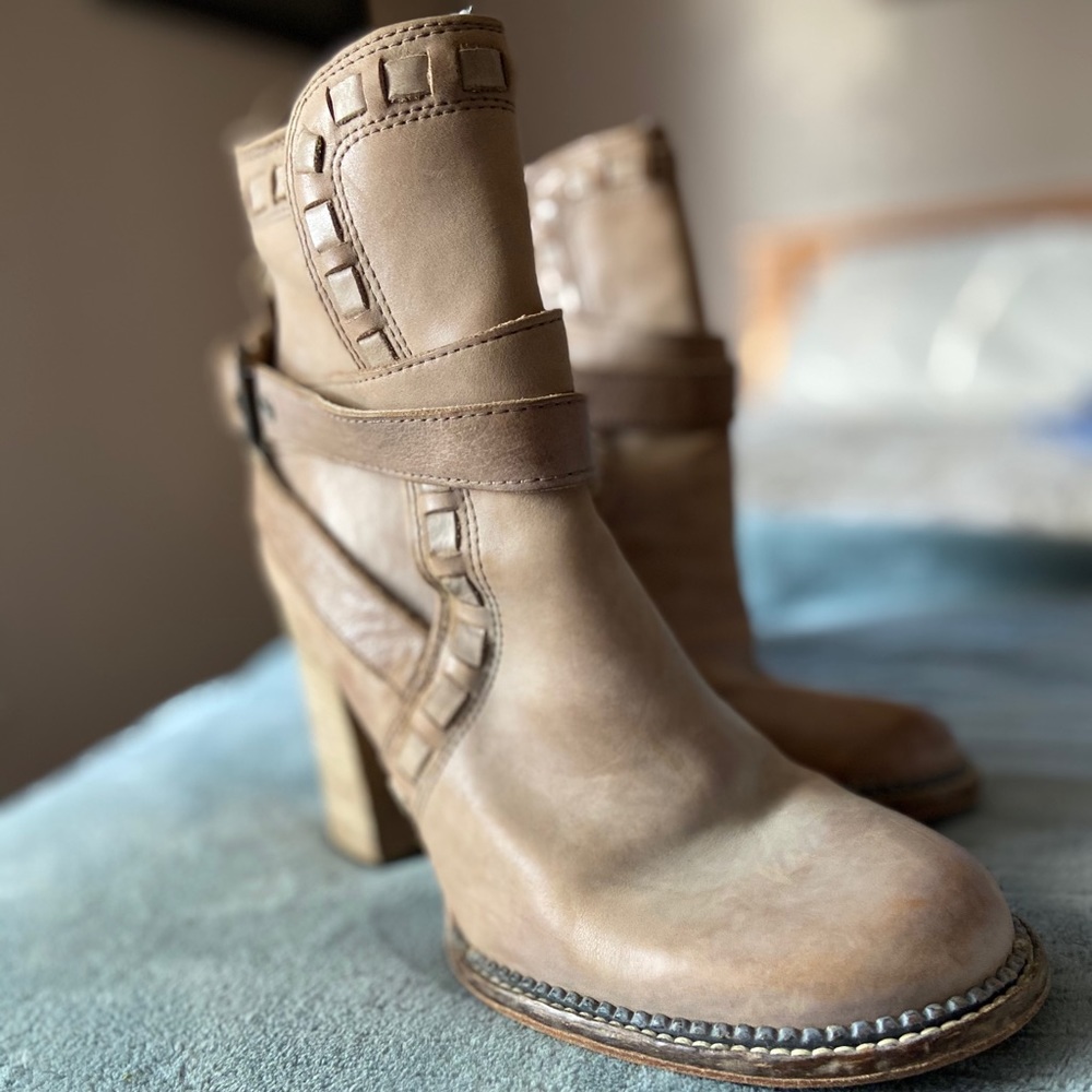 Free People Taupe Leather Block Heel Ankle Boots